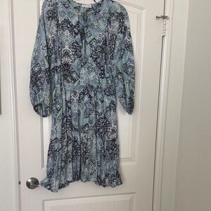 Calvin Klein Mint, Navy & Light Blue Geometric Long Sleeve Tiered Dress